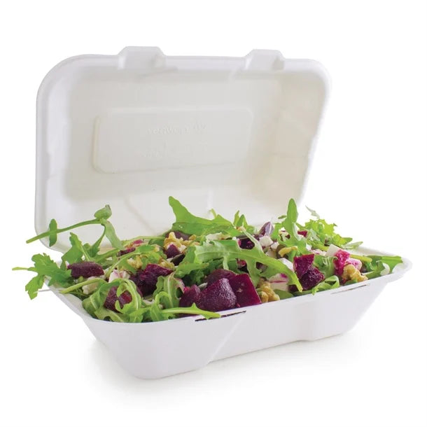 Vegware Compostable Bagasse Clamshell Hinged Meal Boxes 228mm 228(W) x 155(D)mm | 9 x 6". Pack Quantity: 200