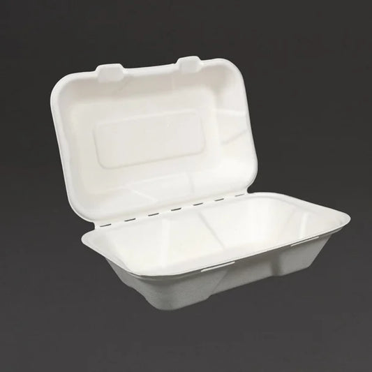 Vegware Compostable Bagasse Clamshell Hinged Meal Boxes 228mm 228(W) x 155(D)mm | 9 x 6". Pack Quantity: 200