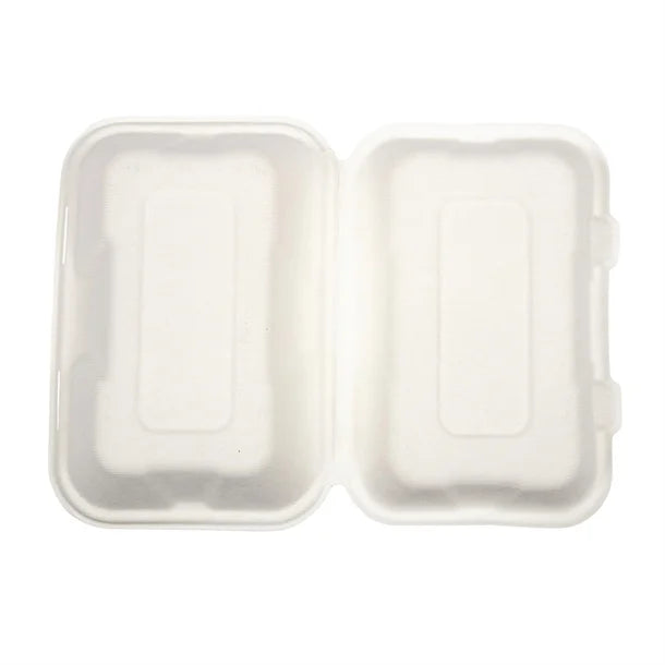 Vegware Compostable Bagasse Clamshell Hinged Meal Boxes 228mm 228(W) x 155(D)mm | 9 x 6". Pack Quantity: 200