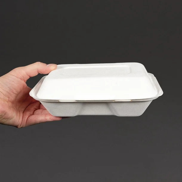 Vegware Compostable Bagasse Clamshell Hinged Meal Boxes 228mm 228(W) x 155(D)mm | 9 x 6". Pack Quantity: 200